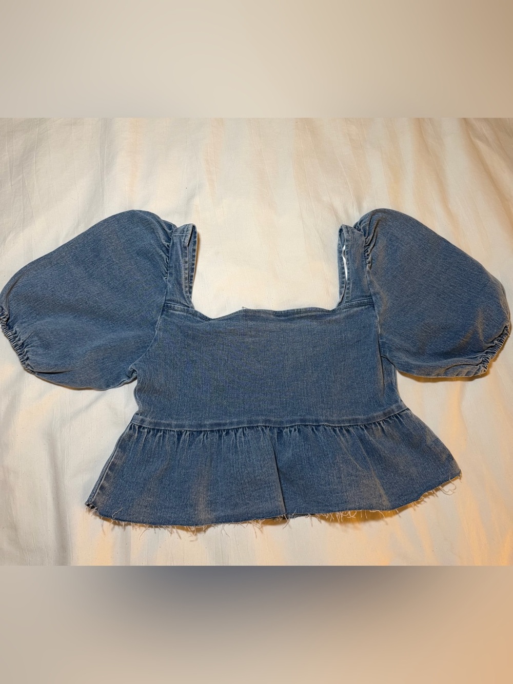 H&M Denim Peplum Puff-Sleeve Crop Top - Blue